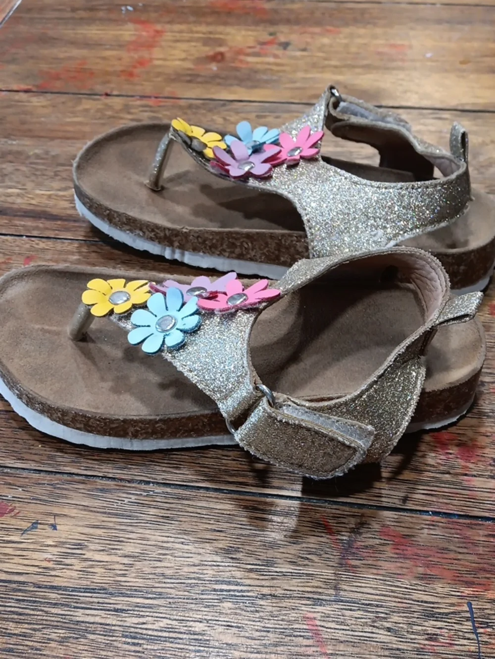 Kids Glitter Gold Flower Thong Sandals with Multicolor Blossoms